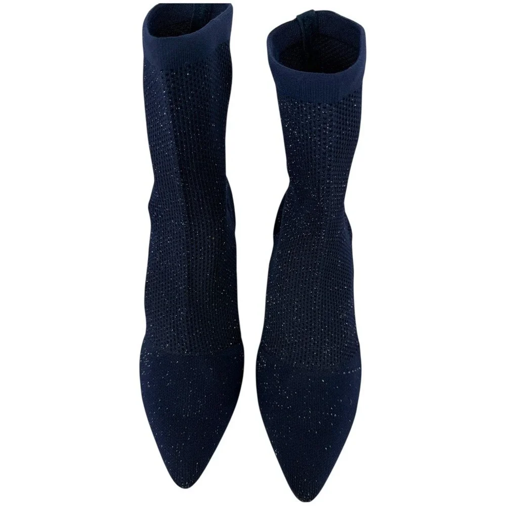 Catherine Malandrino Tammy Navy Glitter‎ Knit Pointed Toe Sock Boots Size 10